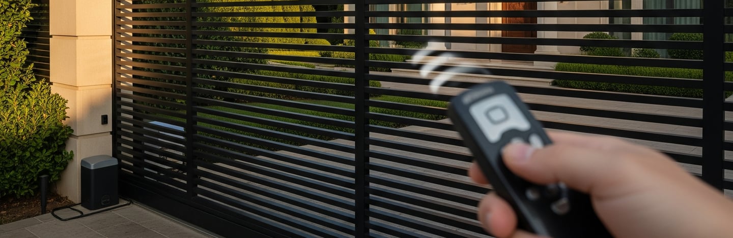 Hand using a remote control to open a modern black horizontal slat automatic sliding driveway gate.