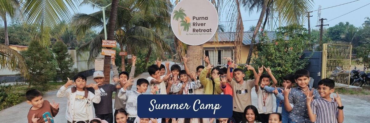school kids posing at purna river retreat during summer camp near surat