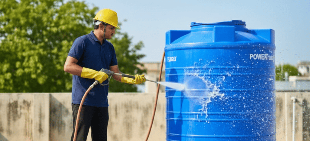 Professional worker using a high-pressure washer to clean a large blue plastic water storage tank on a rooftop.