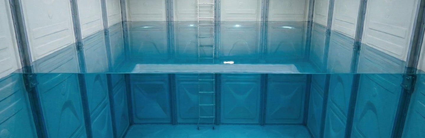 Automatic robotic pool cleaner vacuuming the bottom of a large industrial water storage tank.