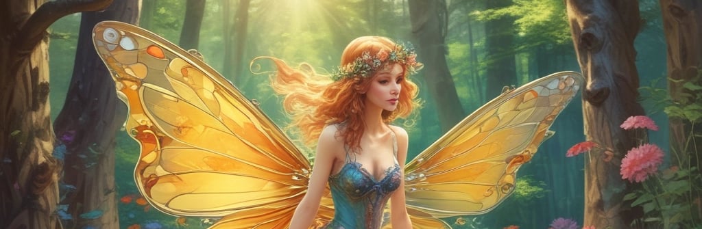 A delicate statue of a female fairy with a wreath of flowers in her hair sits gracefully among vibrant green leaves and clusters of small red berries. The statue exhibits a serene expression, with her chin resting gently on her hand. Worn, intricate wings are visible behind her.
