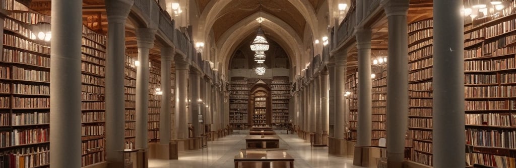 Two individuals are standing in front of two bookcases labeled 'Free Islamic Books.' The bookcases are filled with various books and pamphlets. The man is holding a book, and there is a carpet on the floor.