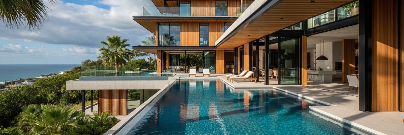 Projeto residencial moderno com piscina de borda infinita e palmeira, exemplo de obra finalizada.