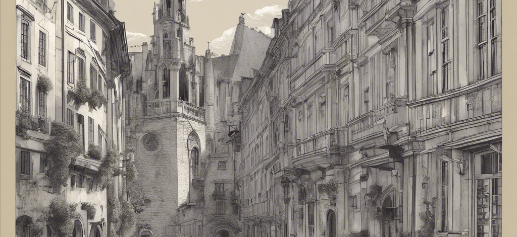 a drawing of a street scene with a church steeple