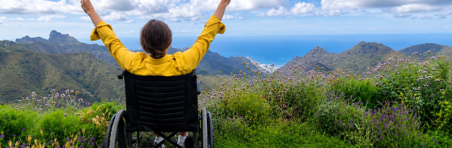Wheelchair user enjoying an accessible mountain viewpoint.