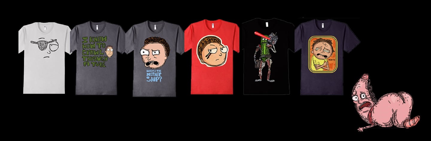 a bunch of t - shirts with cartoon characters on them