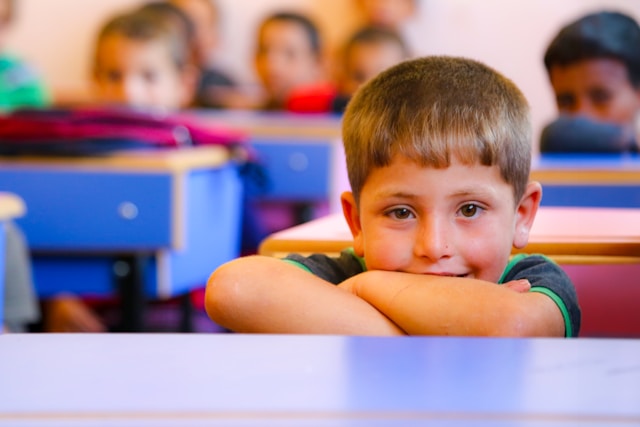 a boy sitting at a desk in a classroom, interactive 1st grade reading worksheets