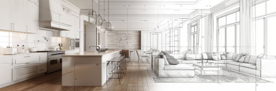 A rendering of a home that has line art on the right, and photorealism on the left.