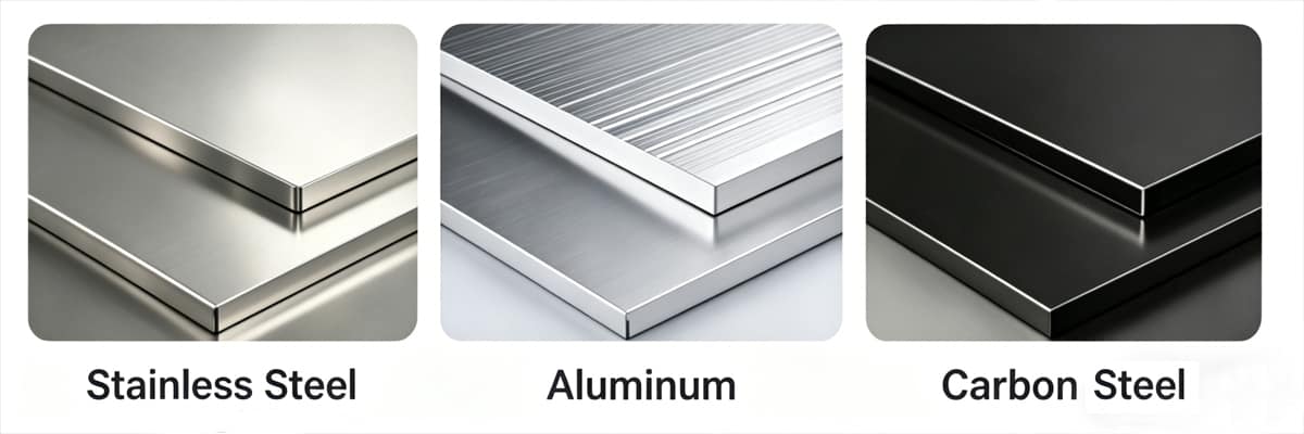 Comparison of industrial stainless steel, aluminum, and carbon steel sheet metal plates.