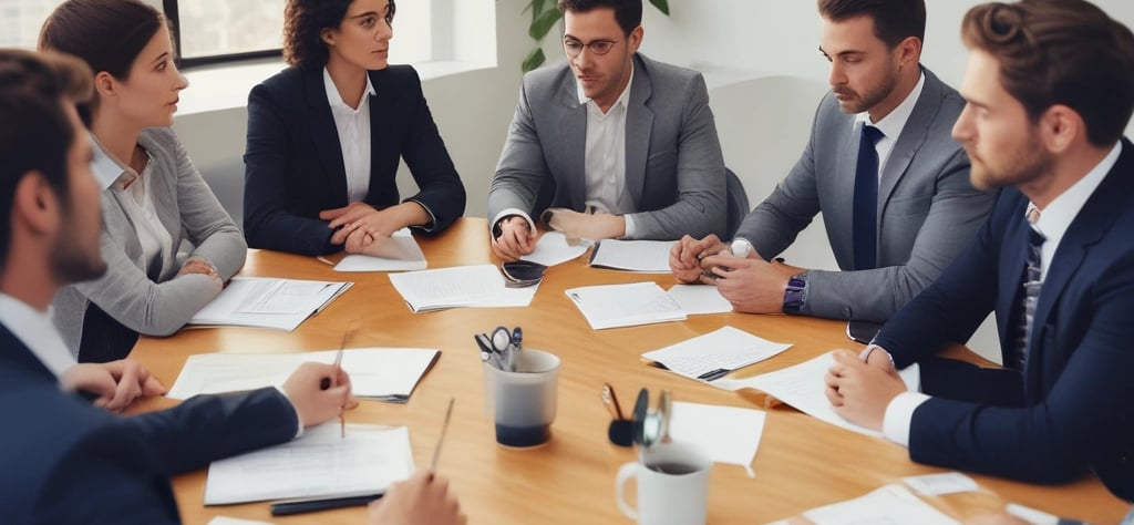 A person in a dark blue suit bends over a table with a laptop, interacting with another person seated and talking on a phone. They are both wearing masks. In the background, a woman dressed in black is also on the phone, standing nearby. The setting appears to be outdoor with an urban backdrop.