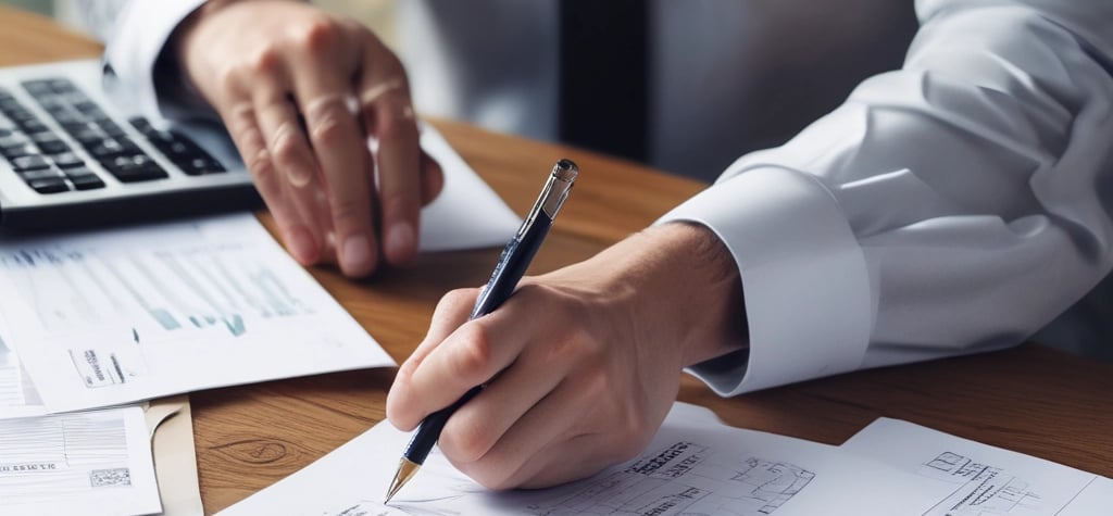 Three people are sitting around a conference table in a modern office. One person is wearing a red blazer and is speaking, while the other two listen and have open laptops in front of them. Papers with charts and graphs are scattered on the table. In the background, there are gray acoustic panels on the wall and a flip chart with colorful notes.