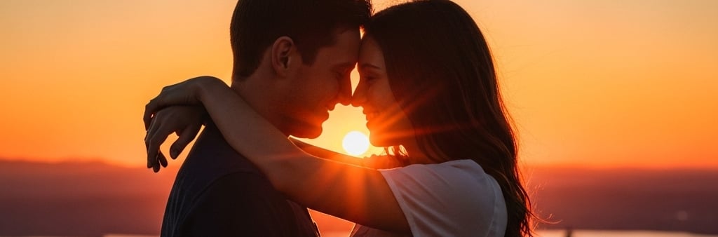 a couple kissing in the sunset