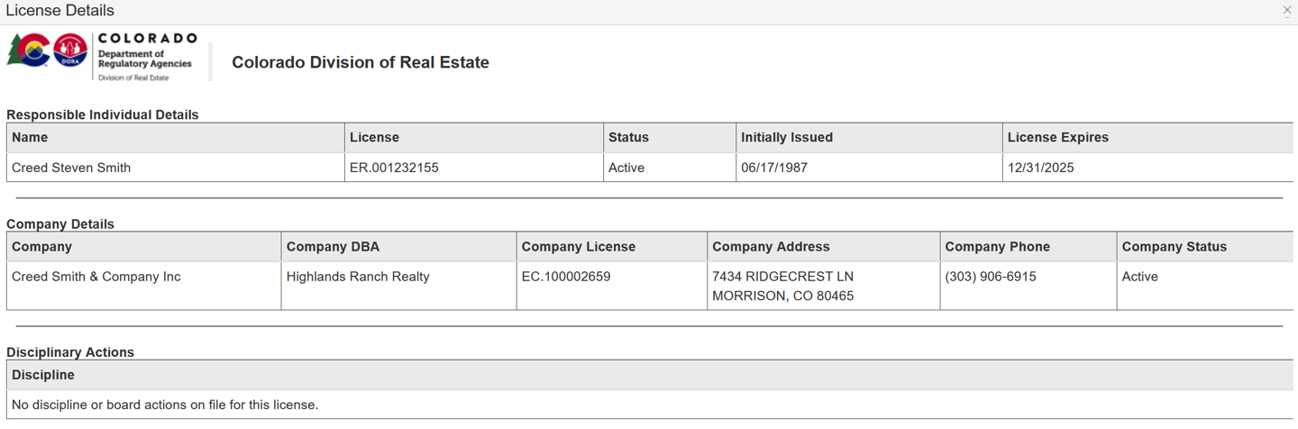 Creed Smith Active Colorado Real Estate License