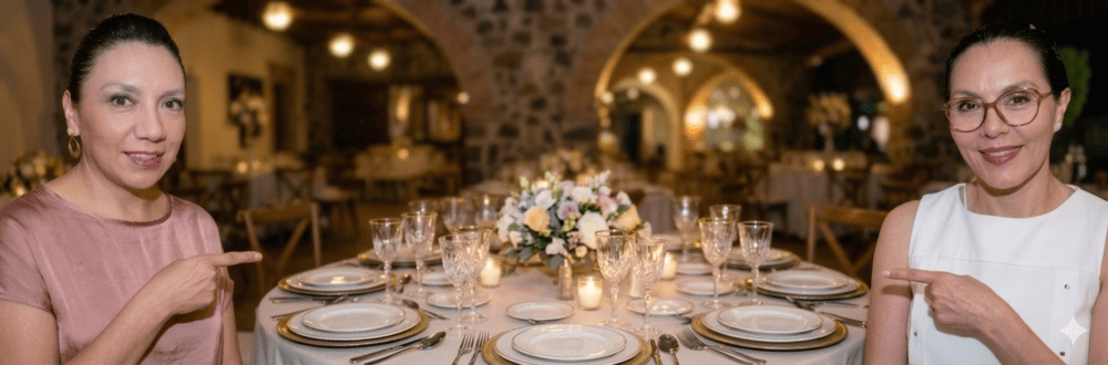 mujeres señalando una mesa de eventos montada