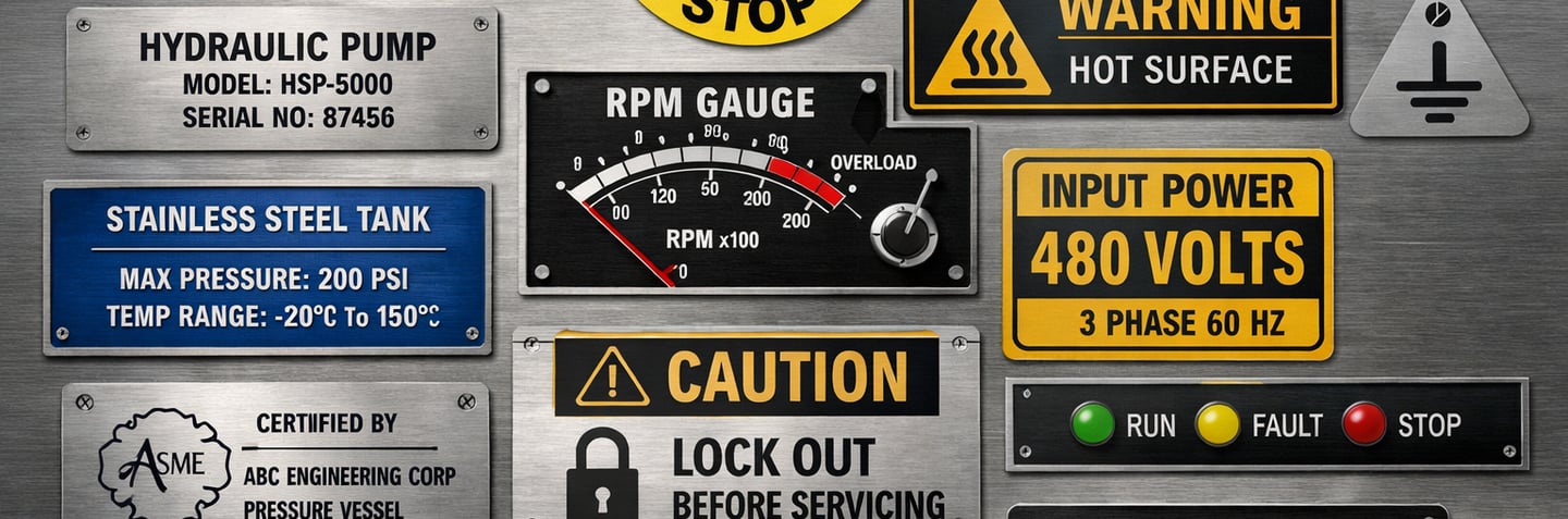 Industrial metal nameplates for machinery electrical panels OEM equipment