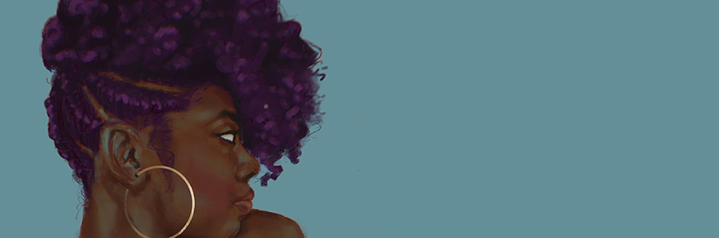 a woman with a purple hair and hoop earrings