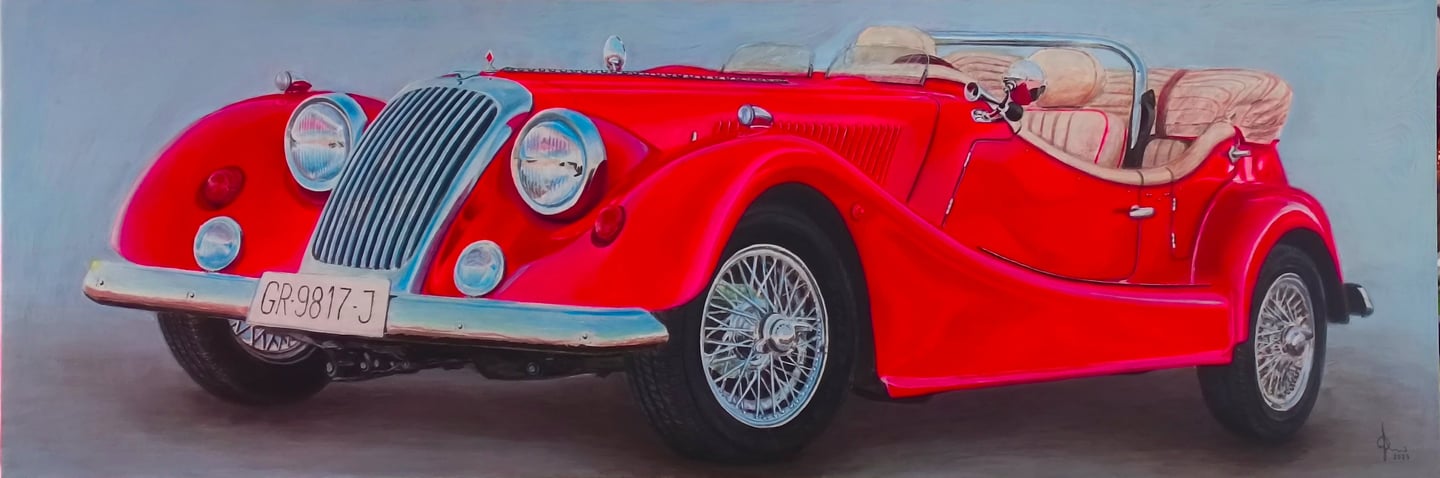 Pintura del Hurtan T2+2, una joya granadina muy peculiar en color rojo sobre fondo neutro azulado