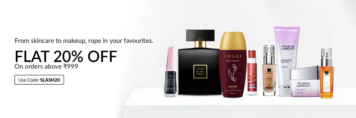 Avon beauty products banner featuring perfumes, skincare, and makeup with a 20% discount offer.