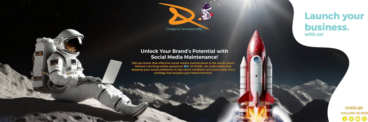 DUDE Kuwait offering social media management, website design, graphic design, and high-quality printing services for business