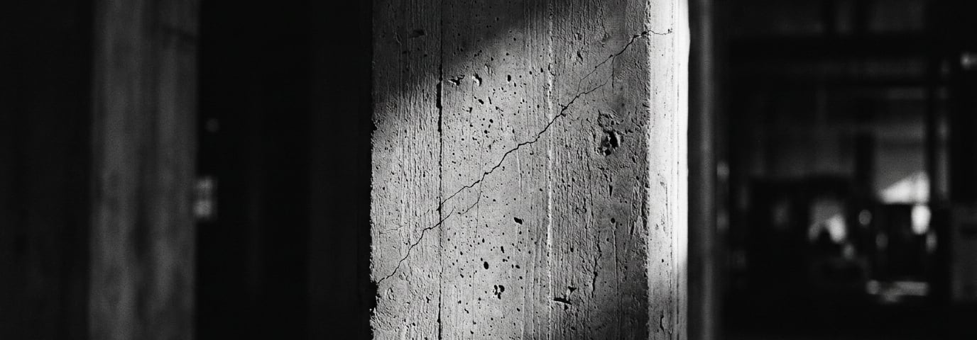Fotografia editorial em preto e branco de uma viga de concreto sob pressão.