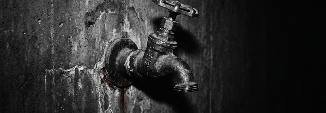 Fotografia editorial em preto e branco de uma torneira fechada sobre superfície de concreto escura, 