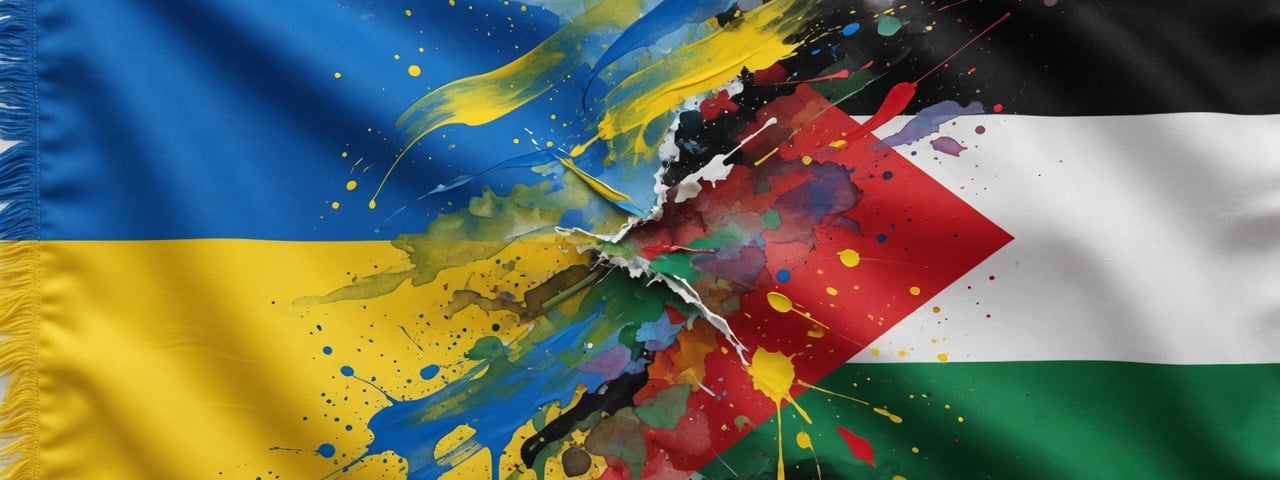 Artistic splash of Ukraine and Palestine flags meeting with paint splatters and textured fabric.
