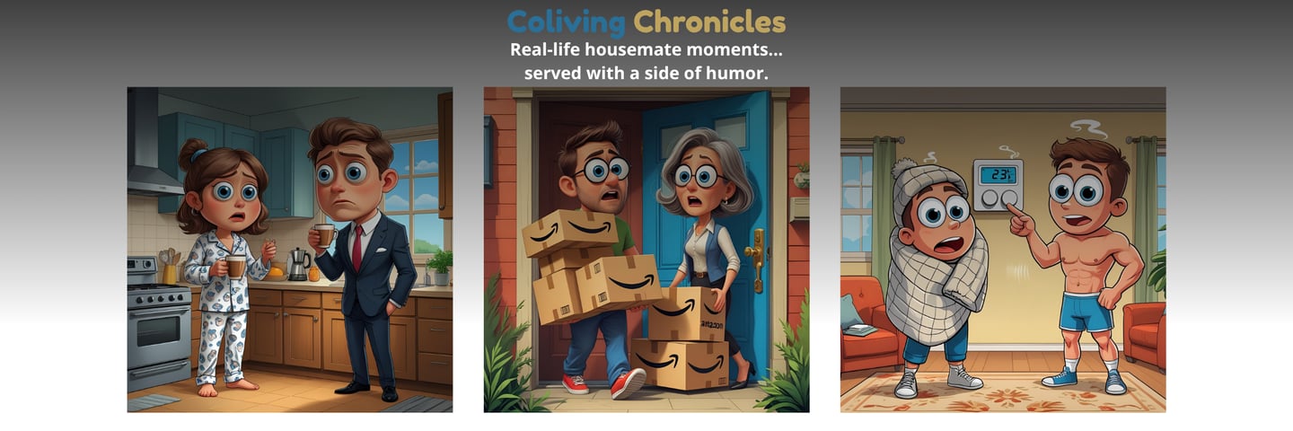 Coliving Chronicles cartoon of roommates — coffee scene, package chaos, and thermostat battle.