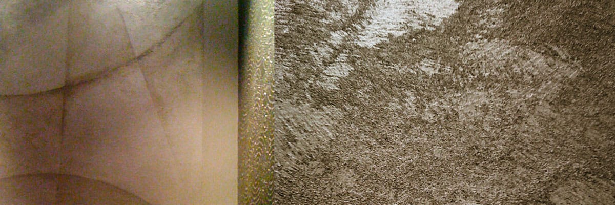 Two images depicting a luxurious grainy silver paint finish