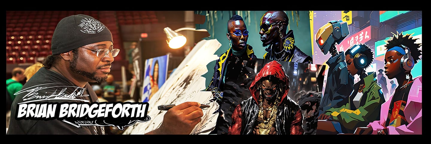 Artist Brian Bridgeforth sketching alongside his vibrant afrofuturist  illustrations and digital character designs.