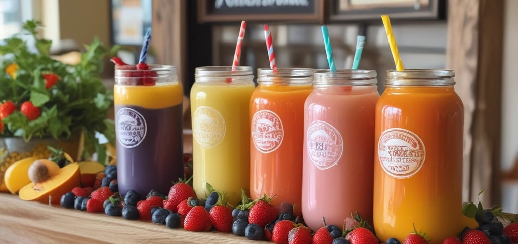 A food truck is parked on a dimly lit street, surrounded by trees wrapped in warm, white fairy lights. The sky is transitioning from dusk to night, displaying hues of blue and pink. Nearby buildings are visible with glass windows and signs.