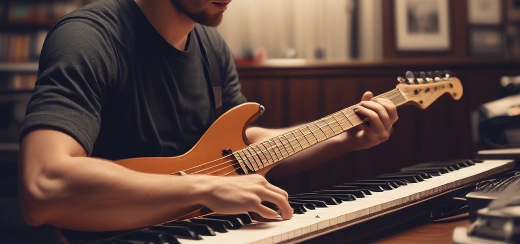 a man playing a guitar and guitar in a recording studio