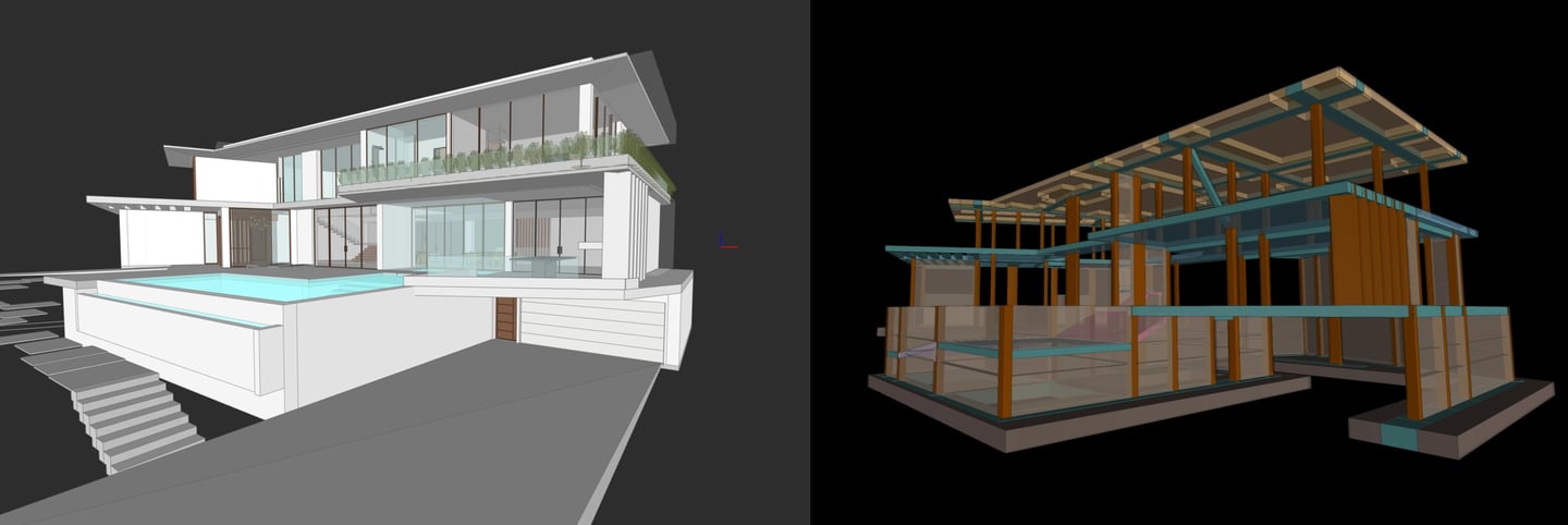 Modelos BIM da Arquitetura e Estrutura, lado a lado.