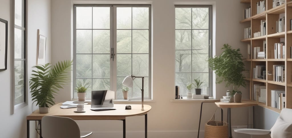 A serene workspace with soft natural light, a laptop, and a calming plant on the desk.