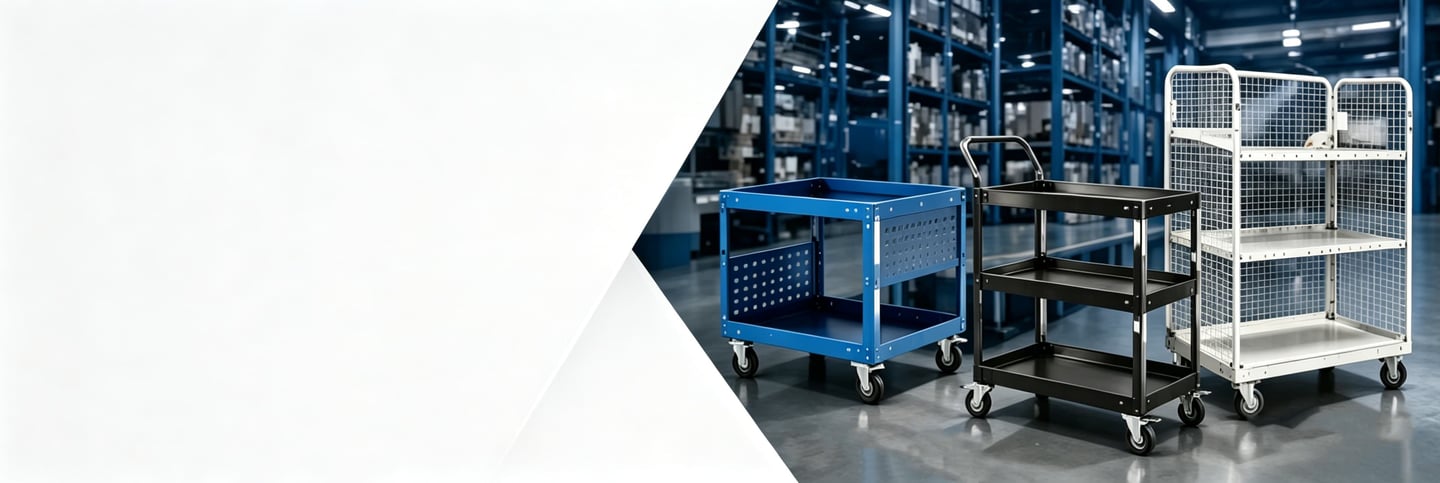 Industrial metal carts and heavy-duty storage trolleys on wheels in a warehouse setting.