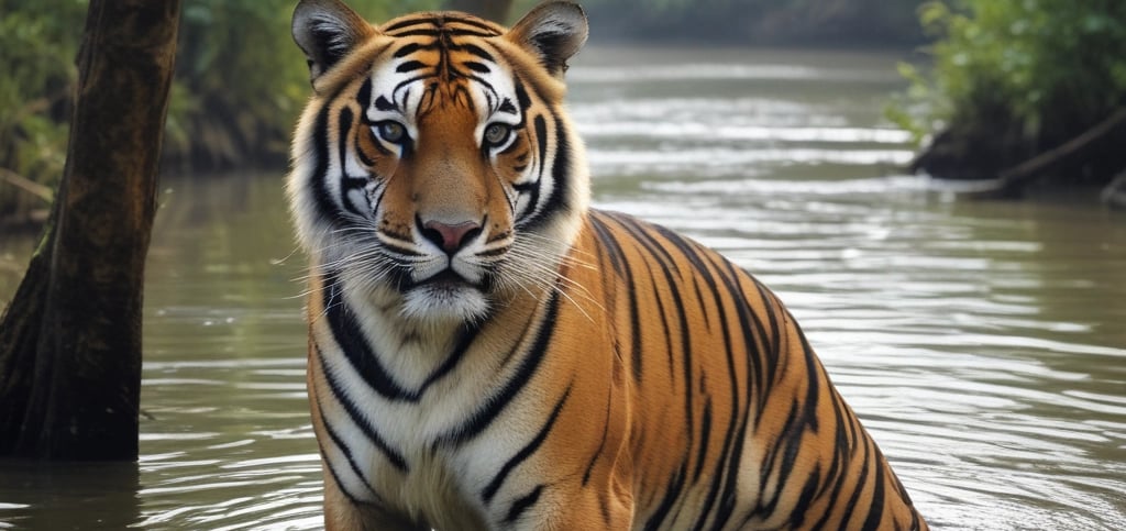 A flowing river surrounded by lush green mountains under a partially cloudy sky. A small temple structure with a dome and red flag is situated on the rocky banks, alongside several buildings. A suspended cable car chair hangs over the river, suggesting transport or scenic viewing.