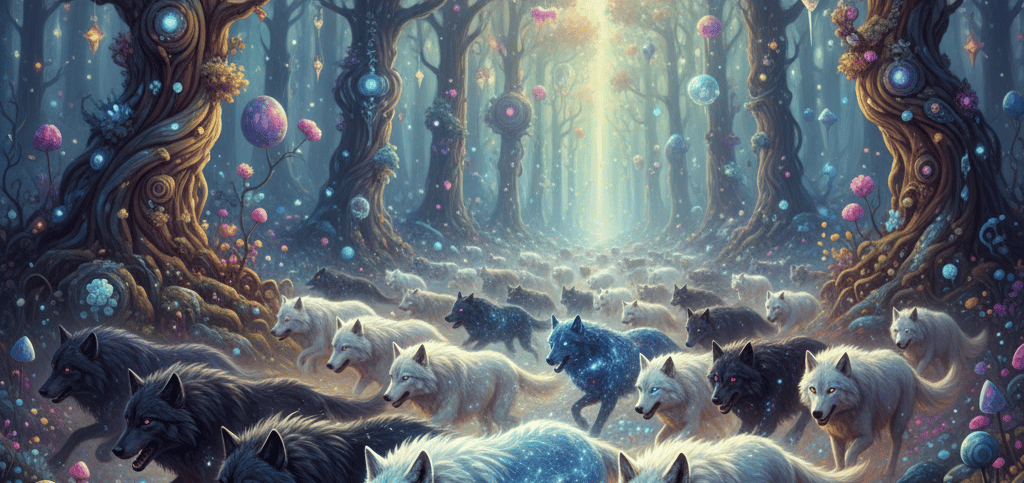 100s of wolfs running in the forest
