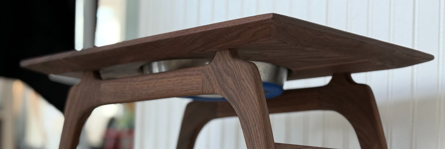 Custom, dark walnut, mid-century modern pet feeding station