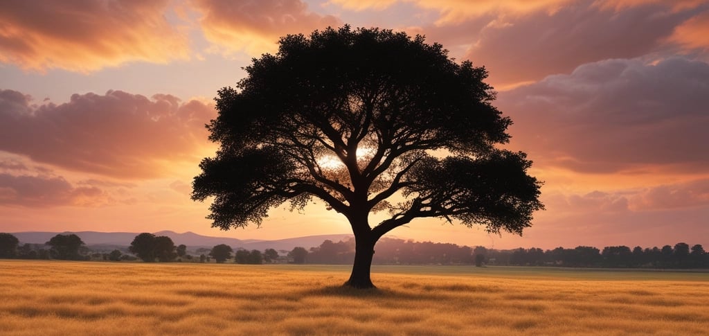 Silhouette of a lone tree in a golden field during a vibrant orange sunset with dramatic clouds.