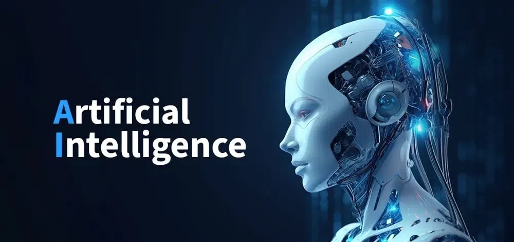 Robot futuristico con testo "Artificial Intelligence", rappresenta l'intelligenza artificiale (AI).