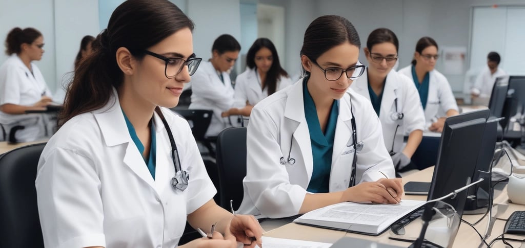 A focused instructor guiding a small group of healthcare professionals through medical coding exercises in a bright classroom.