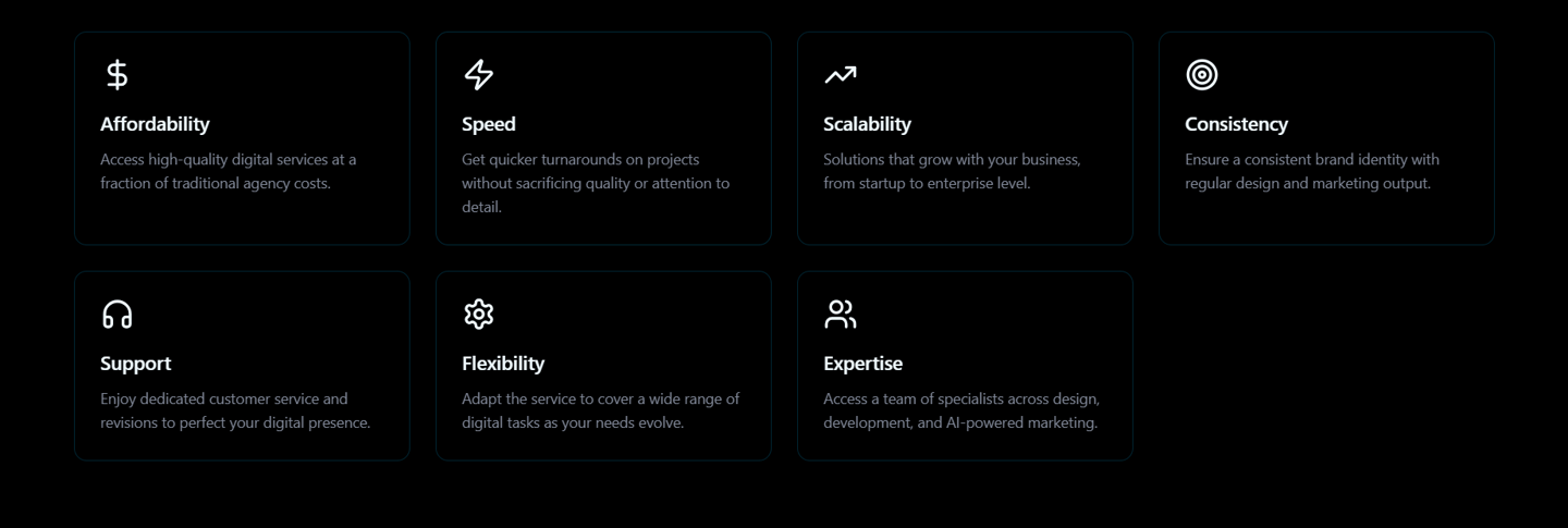 Wide grid of dark benefit cards labeled Affordability, Speed, Scalability, Consistency, Support, Fle