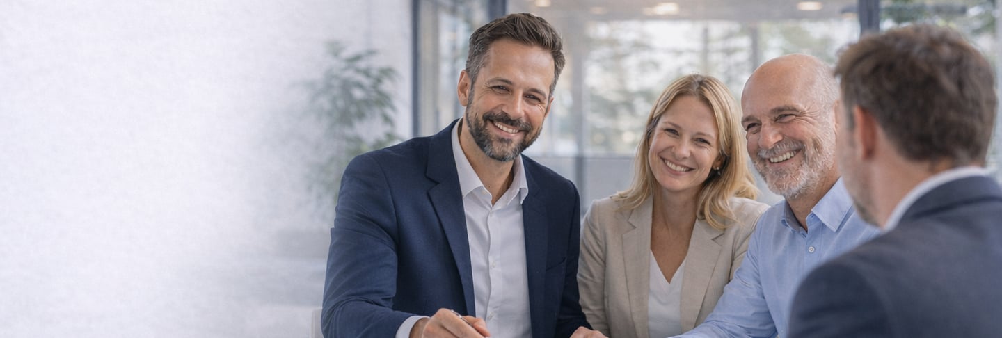 Smiling couple consulting with a professional financial advisor in a modern office setting.