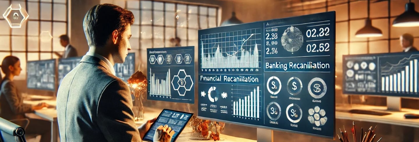 Homem olhando par gráficos de conciliação bancária na tela