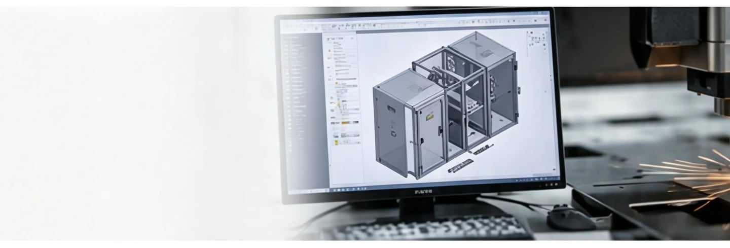 Industrial laser cutting machine processing metal alongside a CAD software engineering design on a computer monitor.