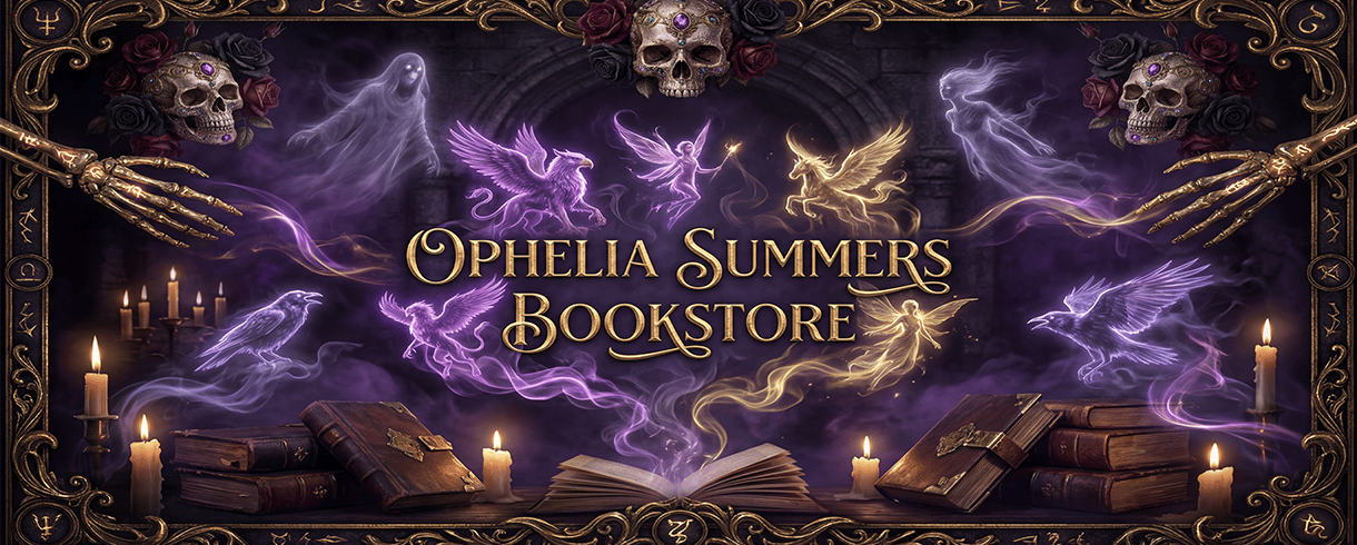 Ophelia Summers Bookstore banner featuring golden text surrounded by mystical creatures, ornate skul