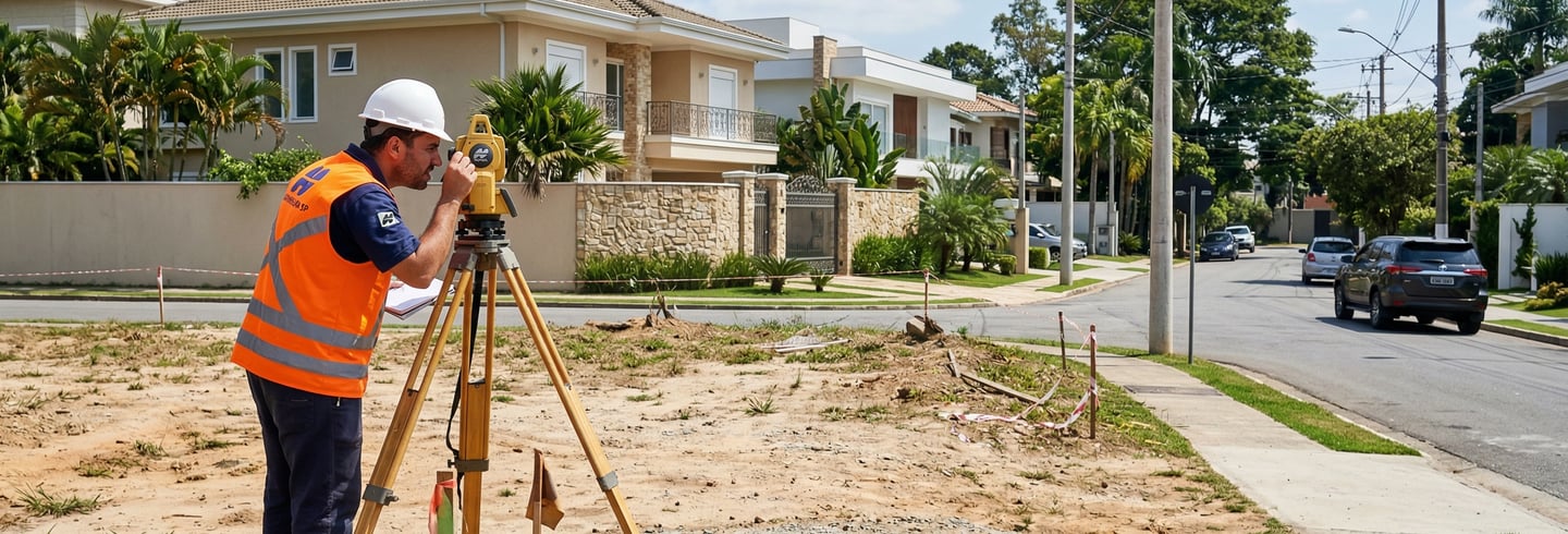 Topógrafo com estação total realizando levantamento em lote urbano vazio.