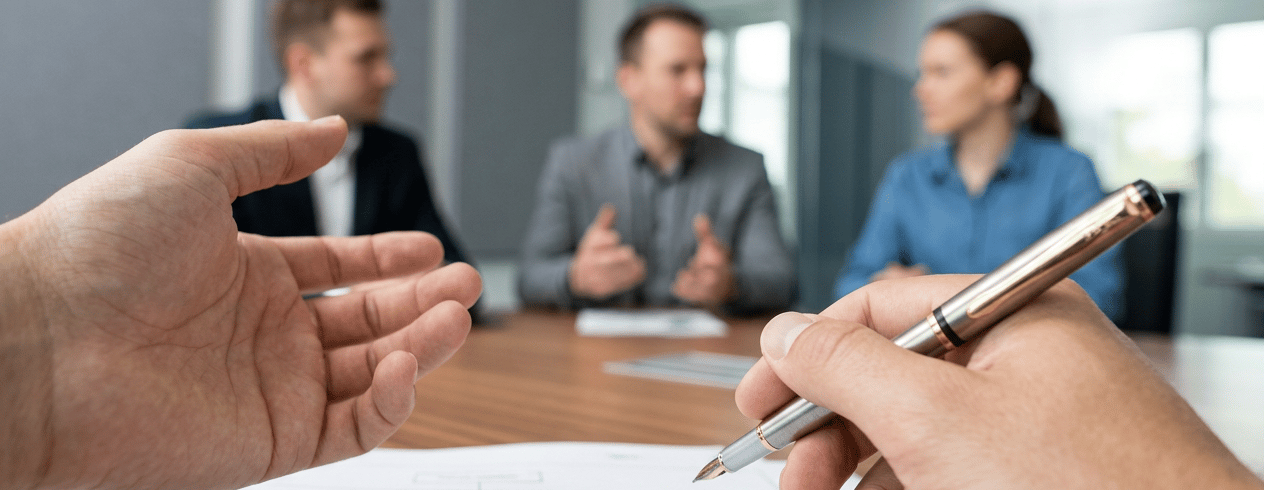 Professional business meeting showing hands reviewing an organizational chart on a desk.