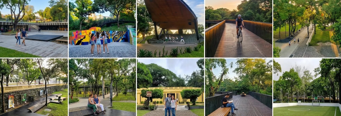 Collage of people enjoying outdoor activities in a lush urban parque cuscatlan walking paths,
