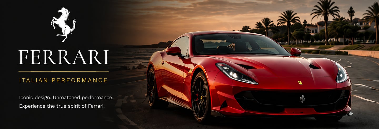 A red Ferrari sports car parked on a coastal road at sunset with palm trees and ocean view.