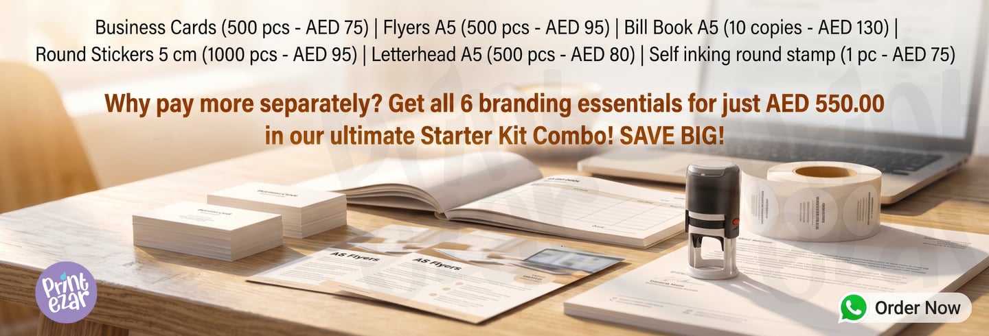 Business Starter Kit UAE from AED 550: Business cards, flyers, stickers, and more for startups.